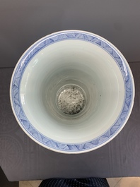 A Chinese blue and white 'gu' vase with a lady and antiquities, Kangxi