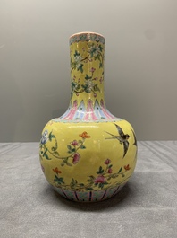 A Chinese famille rose yellow-ground bottle vase, Bao Shan Zhai 寶善斎 mark, 19th C.