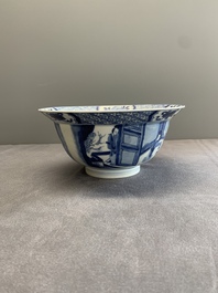 A Chinese blue and white 'klapmuts' bowl with figural design, Kangxi