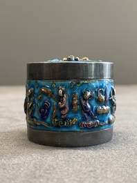 A Chinese enamelled silver incense burner, a covered opium box, a square box and a cloisonn&eacute; covered box, 19/20th C.