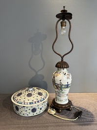 A Chinese famille verte vase mounted as lamp and a famille rose covered tureen, 19th C.