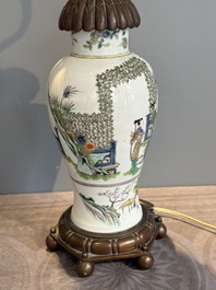 A Chinese famille verte vase mounted as lamp and a famille rose covered tureen, 19th C.