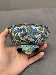 A Chinese enamelled silver bowl, a box and an opium container, 19th C.