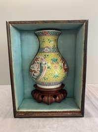 A Chinese famille rose yellow-ground 'dragon and phoenix' vase and a fitted box, Qianlong mark, Republic