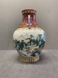 A Chinese famille rose 'mountainous landscape' vase, Qianlong mark, 19/20th C.