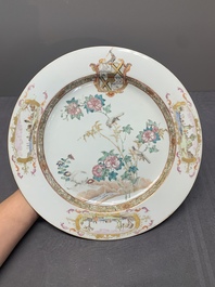 A large Chinese famille rose armorial plate with the arms of Thompson, Qianlong, ca. 1740-1760