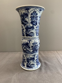 Two Chinese blue and white 'gu' vases with landscape and floral panels, Kangxi