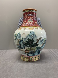 A Chinese famille rose 'mountainous landscape' vase, Qianlong mark, 19/20th C.