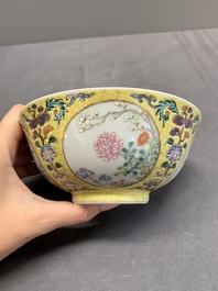 A Chinese blue, white and famille rose bowl with floral design, Qianlong mark, 19/20th C.