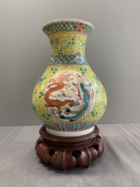 A Chinese famille rose yellow-ground 'dragon and phoenix' vase and a fitted box, Qianlong mark, Republic