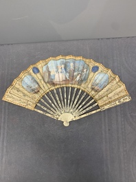 Three folding fans, water colour on paper and bone, France, 18th C.