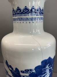 A Chinese blue and white 'deer and crane' rouleau vase, Kangxi