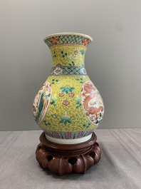 A Chinese famille rose yellow-ground 'dragon and phoenix' vase and a fitted box, Qianlong mark, Republic