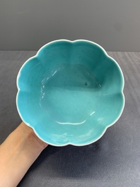 A Chinese famille rose turquoise-ground 'hu' vase and a 'ladies' bowl, Qianlong mark, Republic