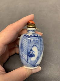 Two Chinese blue and white 'riders on horseback' snuff bottles, Yongzheng mark, 19th C.
