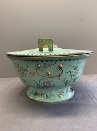 A large Chinese Canton enamel green-ground hot pot with floral design, 18th C.