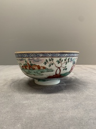 Two Dutch-decorated Chinese blue and white bowls with figures and landscapes, Qianlong