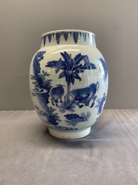 A Chinese blue and white vase with narrative design, Transitional period