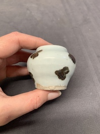 Five Chinese blue and white jarlets and three russet-splashed Longquan celadon jarlets, Yuan/Ming