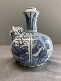 A Chinese blue and white 'kraak' porcelain 'deer and rooster' kendi, Wanli