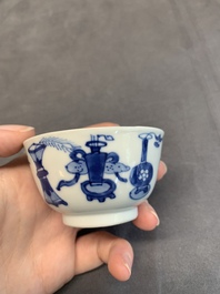 Seven Chinese blue and white cups and six saucers, Kangxi/Yongzheng