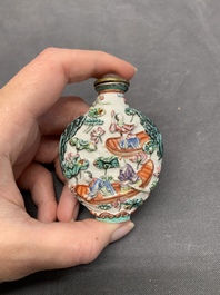 A Chinese famille rose relief-molded snuff bottle with an animated river landscape, Jiaqing mark and of the period