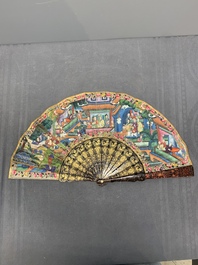Two Chinese Canton gilt-lacquered and painted paper fans, one with original box, 19th C.