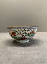 Two Dutch-decorated Chinese blue and white bowls with figures and landscapes, Qianlong