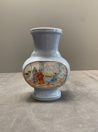 A Chinese famille rose lavender-ground vase with narrative design, Yongzheng mark, Republic