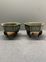 A pair of Chinese cloisonn&eacute; 'lotus and elephant' jardini&egrave;res, 18/19th C.