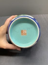 A Chinese famille rose blue-sgraffito-ground 'hu' vase, Qianlong mark, Republic