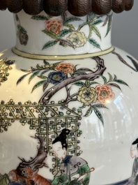 A Chinese famille verte vase mounted as lamp and a famille rose covered tureen, 19th C.