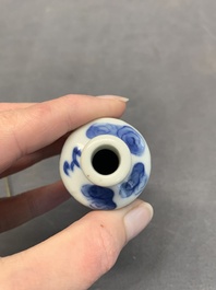 A Chinese blue and white 'dragon' snuff bottle and a polychrome 'peacock' snuff bottle, Yongzheng mark, 19/20th C.
