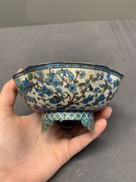 A Chinese enamelled silver bowl, a box and an opium container, 19th C.