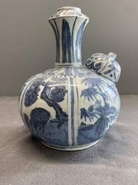 A Chinese blue and white 'kraak' porcelain 'deer and rooster' kendi, Wanli