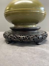 A Chinese monochrome teadust-glazed vase mounted as a lamp, 18/19th C.