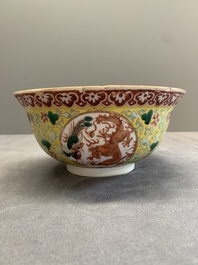 A Chinese famille rose yellow-ground 'dragon and phoenix' bowl, artemisia leaf mark, Guangxu