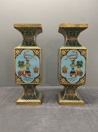 A pair of fine Chinese rectangular cloisonn&eacute; 'antiquities' 'gu' vases, 19/20th C.