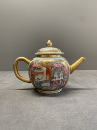 A Chinese Canton gilt-decorated famille rose 'go players' teapot, Yongzheng