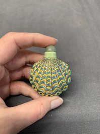 A Chinese blue and white 'dragon' snuff bottle and a polychrome 'peacock' snuff bottle, Yongzheng mark, 19/20th C.