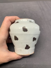 Five Chinese blue and white jarlets and three russet-splashed Longquan celadon jarlets, Yuan/Ming