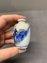 Four Chinese blue, white and copper-red snuff bottles, Yongzheng and Qianlong mark, 19th C.