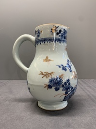 A Chinese famille rose 'pseudo-tobacco leaf' dish, a bowl and a blue and white gilt-decorated jug, Qianlong