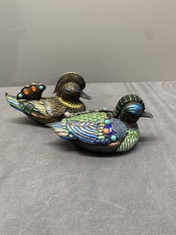 Two Chinese precious stone inset, enamelled and filigree silver mandarin duck-form boxes and covers, 19/20th C.