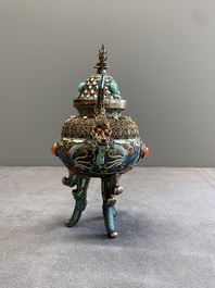 A Chinese enamelled silver incense burner, a covered opium box, a square box and a cloisonn&eacute; covered box, 19/20th C.