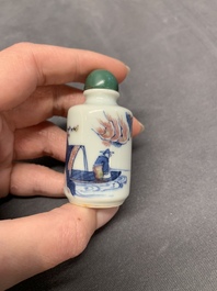 A Chinese blue, white and copper-red 'fisherman' snuff bottle, Qing Yang Dao Ren 卿陽道人 mark, 19th C.