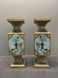 A pair of fine Chinese rectangular cloisonn&eacute; 'antiquities' 'gu' vases, 19/20th C.