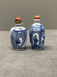 Two Chinese blue and white 'riders on horseback' snuff bottles, Yongzheng mark, 19th C.