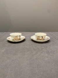 A pair of fine Chinese export 'Liberty and Matrimony' cups and saucers, Yongzheng