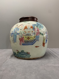 A Chinese famille rose '100 boys' jar and wooden cover, 19th C.
